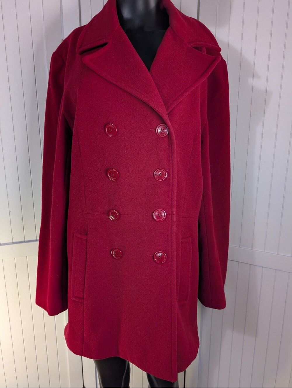 Herman Geist Red 100% Wool Double Breasted Pea Coat Womens 12 Vintage